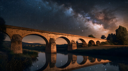 A breathtaking starry sky over an ancient bridge spanning a quiet river.