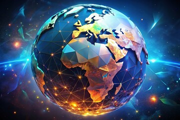Obraz premium Low Poly Earth Globe, 3D Render, Futuristic Planet, Digital Art, Sci-Fi World