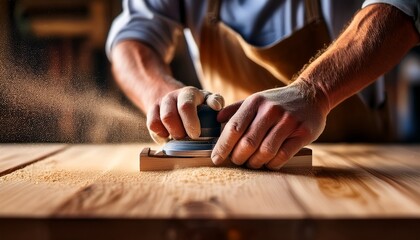 A detailed shot of a skilled carpenter&rsquo;s hands sanding a wooden surface, with fine sawdust in the air. The texture and focus capture craftsmanship, dedication, and high-quality workmanship.