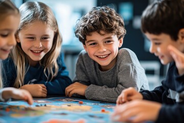 Learning through board games a group of children at a table, in front of them is a large map with geography cards, they are enthusiastically discussing. 