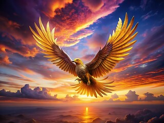 Obraz premium Majestic Golden Bird Soaring Sunset Sky - Vibrant Wildlife Stock Photo