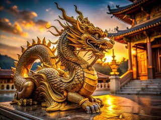 Majestic Golden Dragon Temple Statue, Asian Spirituality, Ancient Artifact, Religious Symbol, Oriental Culture