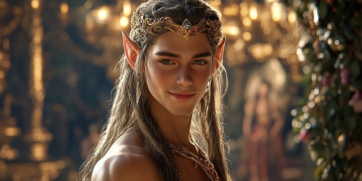 Elegant Elf: A regal elf with ethereal beauty, adorned with golden jewelry and crown, capturing a sense of mystique and fantasy. - Powered by Adobe