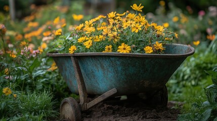  rustic wheelbarrow in a lush garden, filled with flowers and soil, creating an earthy and charming vibe