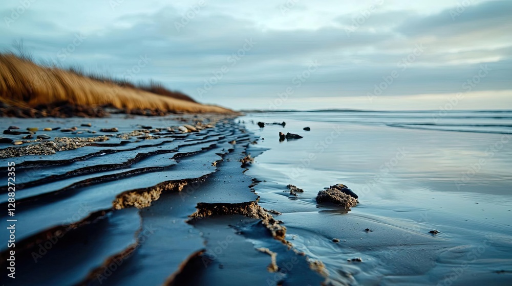 Poster ocean acidification idea. scenic view of a tranquil beach with rippled sand and gentle waves under a
