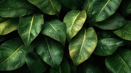 Naklejka premium Lush green leaves with water droplets
