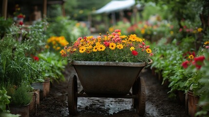  rustic wheelbarrow in a lush garden, filled with flowers and soil, creating an earthy and charming vibe
