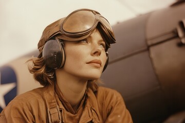 Vintage Portrait of a Female Pilot in Flight Gear Against Classic Aircraft Background