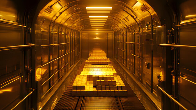 A brightly lit bank vault with an organized display of gold bricks and banknotes.