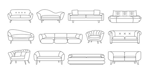 Sofa line icons. Modern outline couch pictograms, vintage contemporary living room furniture with cushions, cozy minimalistic stroke style. Vector divan set