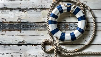A weathered wooden dock features a coiled rope alongside a life ring, symbolizing safety and maritime ambiance at a coastal location