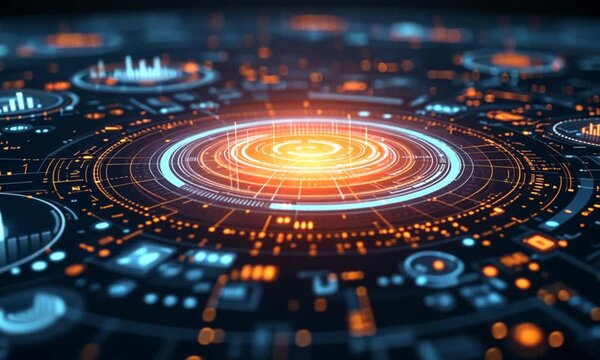 Futuristic data visualization, glowing circular interface, digital analytics, technology background, website header