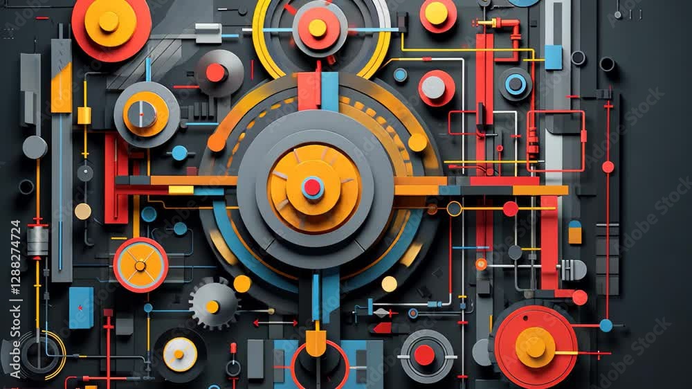 Poster a vibrant display of geometric tech symbols showcasing intricate patterns and shapes, creating a dyn