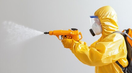 worker in bright yellow protective suit and mask uses a handheld sprayer to disinfect a wall in an indoor facility. action highlights the importance of sanitation during health crises