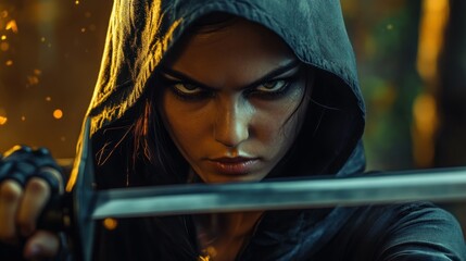 Intense warrior preparing for battle in a mystical forest with glowing embers in the background