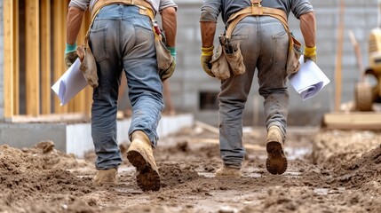 Two construction workers in muddy jeans and gloves walk on a construction site, holding blueprints. scene captures their determination as they progress on a building project