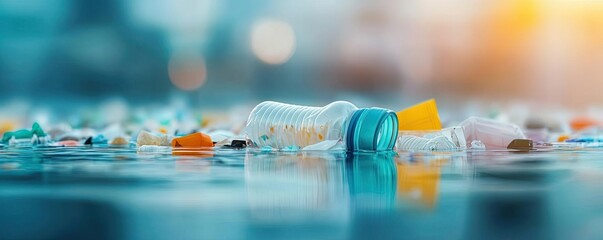 Ocean acidification idea. Plastic bottles and waste littering a polluted body of water under a sunny sky.