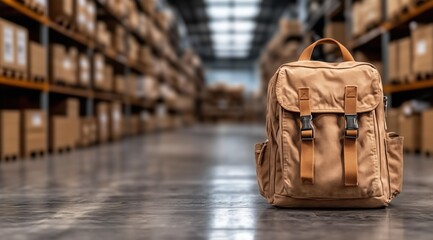 tan backpack sits neatly on the warehouse floor, amidst a large storage area filled with neatly stacked cardboard boxes, indicating organized inventory management