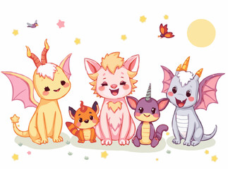 Cute Fantasy Creatures Set in Bright Colors for Children's Tales