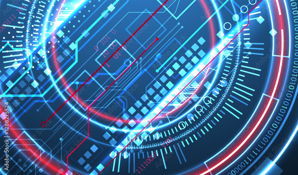 Poster Abstraction on the theme of tech circles. Scientific and technological background. Blue gradient on the background.