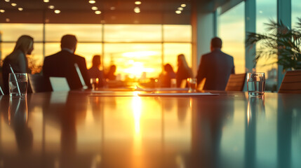 A meeting in progress with a golden sunset illuminating the conference table, symbolizing opportunity and collaboration.