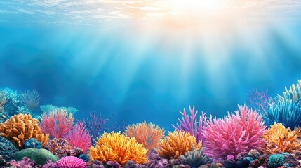Obraz premium Ocean acidification idea. Vibrant coral reef underwater with colorful corals and sunlight through water surface.
