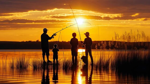 A family spends quality time fishing together at sunset on a tranquil lake, creating lasting memories as the sun sets behind them and reflects on the water's surface