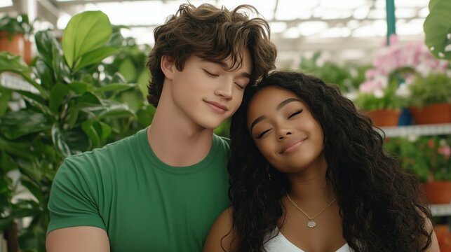 Two individuals share a joyful moment in a lively plant nursery, surrounded by various plants and flowers. They appear relaxed and happy, embodying a sense of connection and warmth