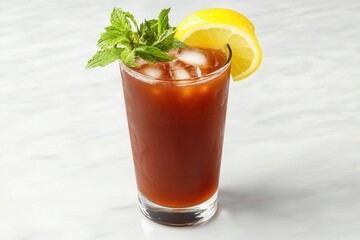 Obraz premium Iced Coffee Drink With Lemon And Mint Garnish On Marble Background