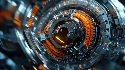 Intricate futuristic mechanical design with glowing orange elements and metallic textures