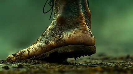 Naklejka premium Muddy Foot in Boot, Walking Through Field, Ominous Background