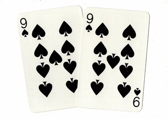 A hand of playing cards showing an identical pair on a white background.