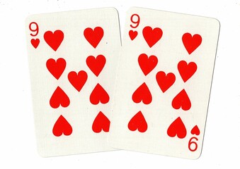 A hand of playing cards showing an identical pair on a white background.