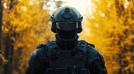 Soldier in black tactical gear standing in autumn forest