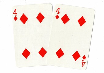 A hand of playing cards showing an identical pair on a white background.