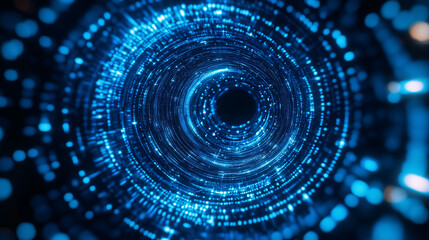 Obraz premium Futuristic glowing digital tunnel with blue light particle vortex