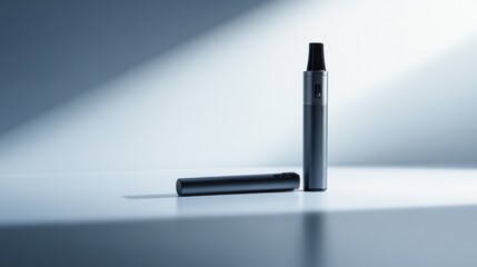 A vaping device on a clean white table with soft, natural lighting. Featuring sleek lines and vapor trails