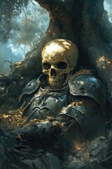 A skeletal knight resting beneath the forests ancient roots