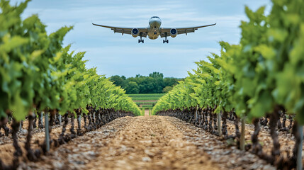 Airplane Landing Vineyard Landscape