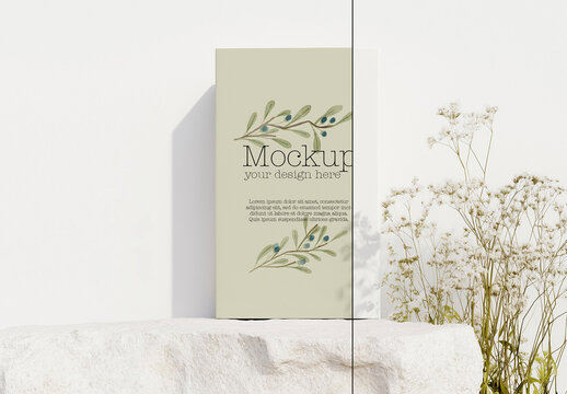 Minimalist Packaging Mockup on Stone with Floral Background