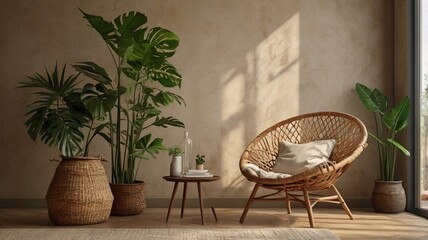 Beige Wall Mockup in Boho Room with Wicker Armchair