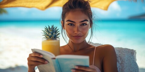 Young woman reading a book and drinking smoothie on the beach