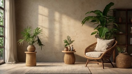 Beige Wall Mockup in Boho Room with Wicker Armchair