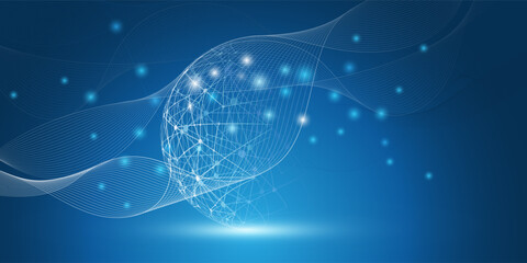 Abstract Dark Blue Futuristic Glowing Global Virtual Network Structure and Telecommunications Design Concept, Polygonal Connections with Transparent Wavy Geometric Polygonal Mesh, Vector Illustration © bagotaj