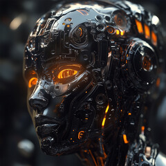 Futuristic robotic face with glowing accents in a dark environment showcasing advanced technology