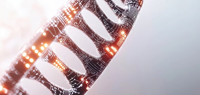 Abstract digital DNA strand with glowing circuits, visualizing biotechnology advancements and AI-driven genetic engineering