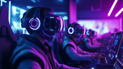 Futuristic virtual reality esports arena filled with competitive gamers wearing advanced headsets