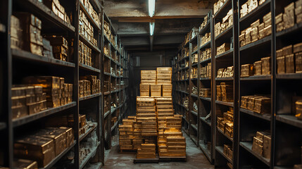 Obraz premium An industrial-style vault with shelves overflowing with gold bars and banknotes.