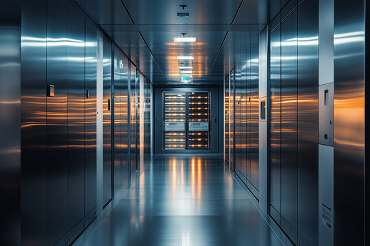 High-security vault corridor with advanced AI-operated storage system illuminated at night