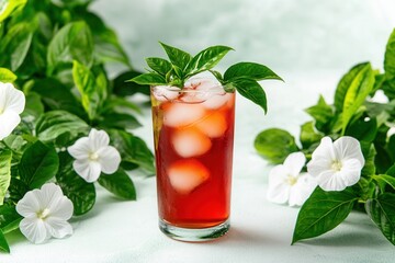 Fototapeta premium Iced Red Beverage With Fresh Herbs and Flowers